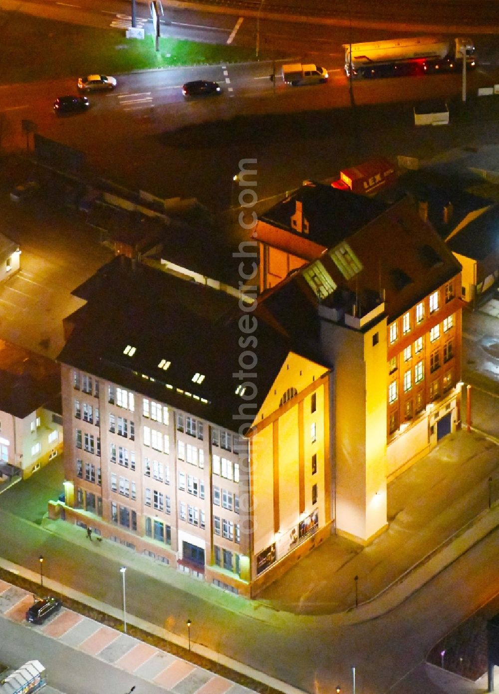 Halle (Saale) at night from above - Night lighting Office building - Ensemble Hermes Areal in Halle (Saale) in the state Saxony-Anhalt, Germany