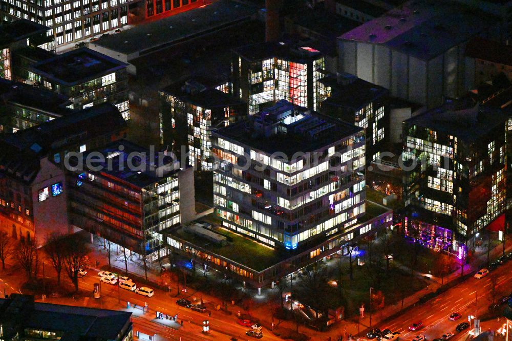 München at night from above - Night lighting office building - Ensemble Nymphenburger Hoefe on street Nymphenburger Strasse - Seidelstrasse - Stiglmaierplatz in the district Maxvorstadt in Munich in the state Bavaria, Germany