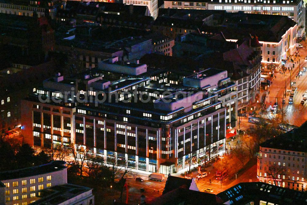 München at night from above - Night lighting office building - Ensemble on street Elisenstrasse - Luisenstrasse in the district Maxvorstadt in Munich in the state Bavaria, Germany