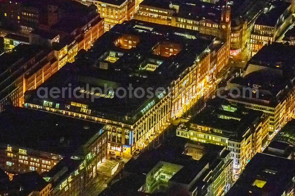 Aerial image at night Hamburg - Night lighting office building - Ensemble on Bleichenbruecke in Hamburg, Germany