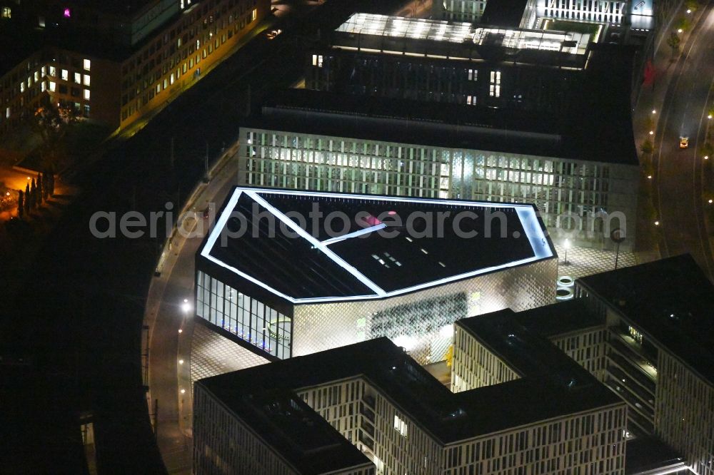 Aerial image at night Berlin - Night lighting Office building - Ensemble of the PricewaterhouseCoopers GmbH WPG , the Futurium gGmbH and the Anti-Discrimination Agency of the Federation in Berlin, Germany