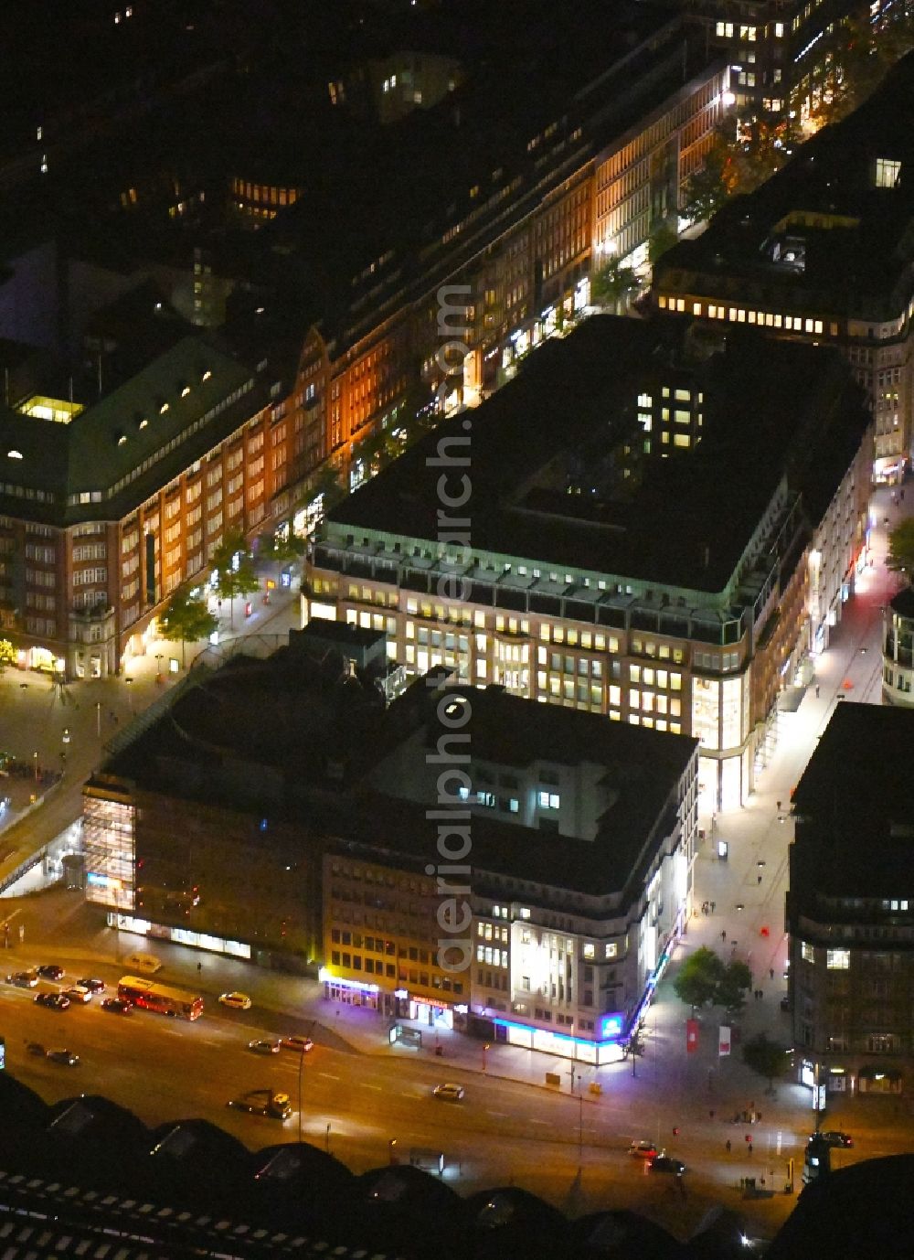 Aerial photograph at night Hamburg - Night lighting Office building - Ensemble Steintorwall - Steintordamm - Spitalerstrasse in Hamburg, Germany