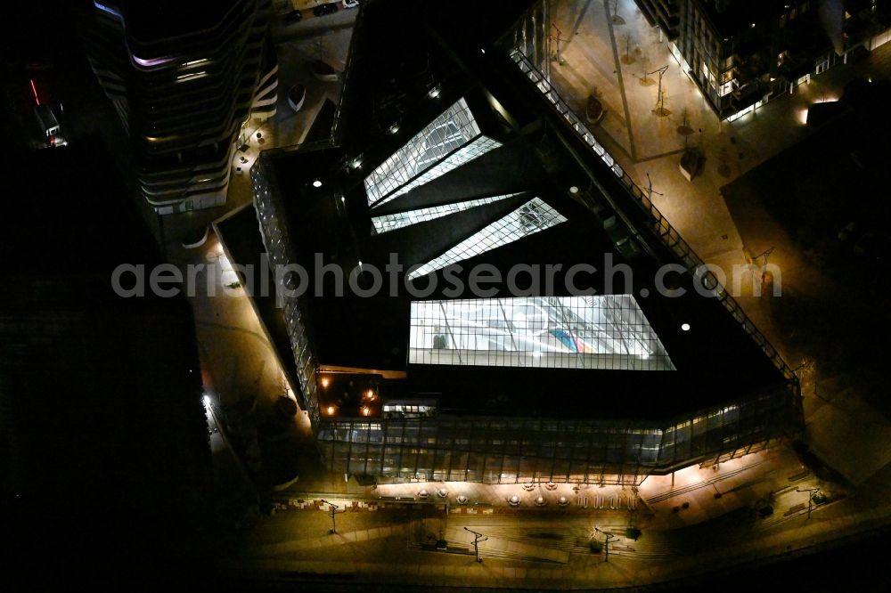 Hamburg at night from above - Night lighting office building - Ensemble Am Strandkai in the district HafenCity in Hamburg, Germany