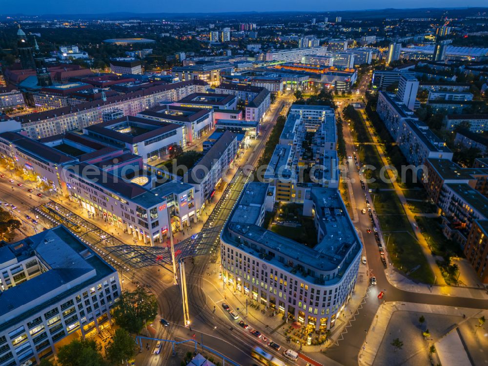 Aerial image at night Dresden - Night lighting construction site to build a new office and commercial building Haus Postplatz in the district Wilsdruffer Vorstadt in Dresden in the state Saxony, Germany