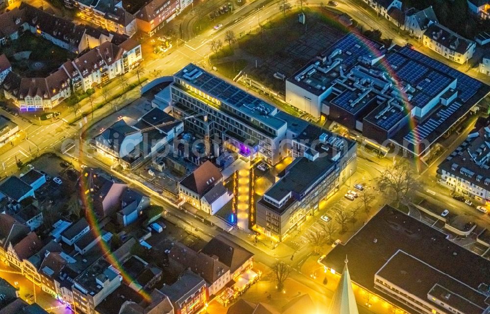 Aerial photograph at night Hamm - Night lighting construction site to build a new office and commercial building of WA - Westfaelischer Anzeiger on Widumstrasse in Hamm in the state North Rhine-Westphalia, Germany