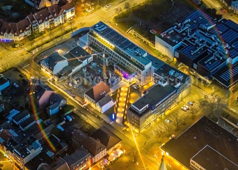 Aerial image at night Hamm - Night lighting construction site to build a new office and commercial building of WA - Westfaelischer Anzeiger on Widumstrasse in Hamm in the state North Rhine-Westphalia, Germany