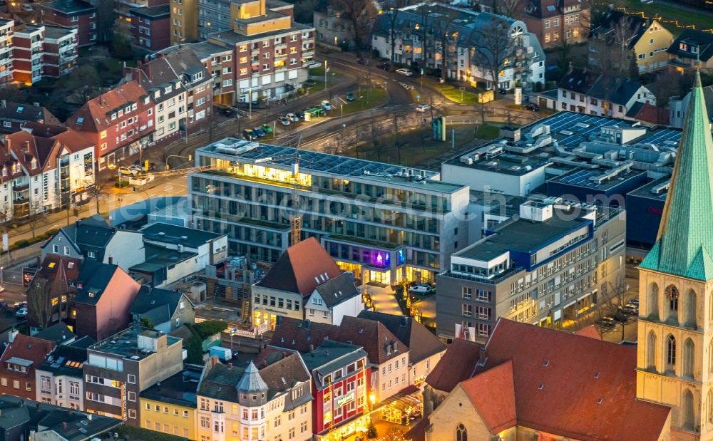 Aerial image at night Hamm - Night lighting construction site to build a new office and commercial building of WA - Westfaelischer Anzeiger on Widumstrasse in Hamm in the state North Rhine-Westphalia, Germany