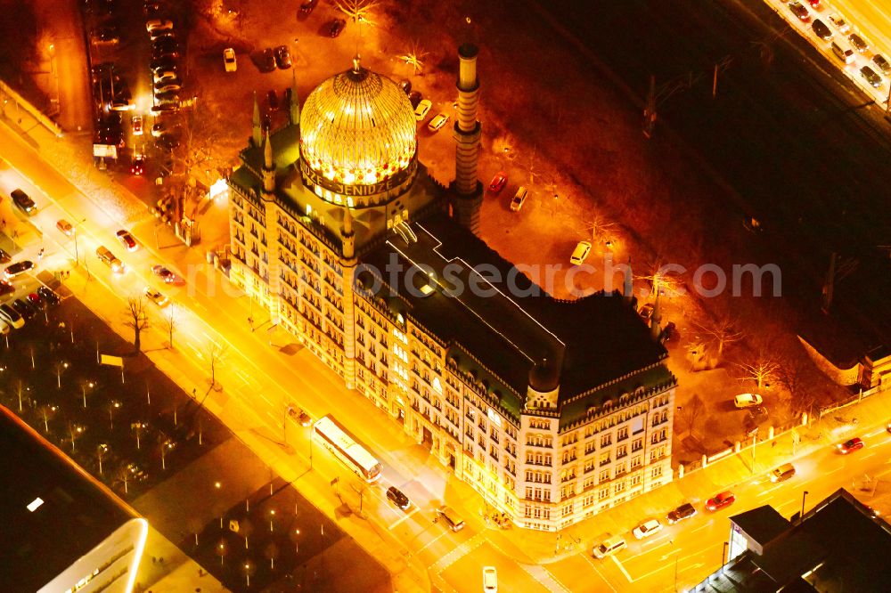 Aerial photograph at night Dresden - Night lighting building of the mosque Yenidze on Weisseritzstrasse in Dresden in the state Saxony, Germany