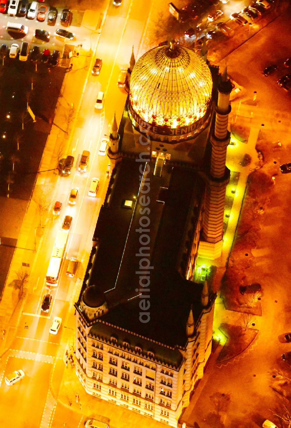 Aerial image at night Dresden - Night lighting building of the mosque Yenidze on Weisseritzstrasse in Dresden in the state Saxony, Germany