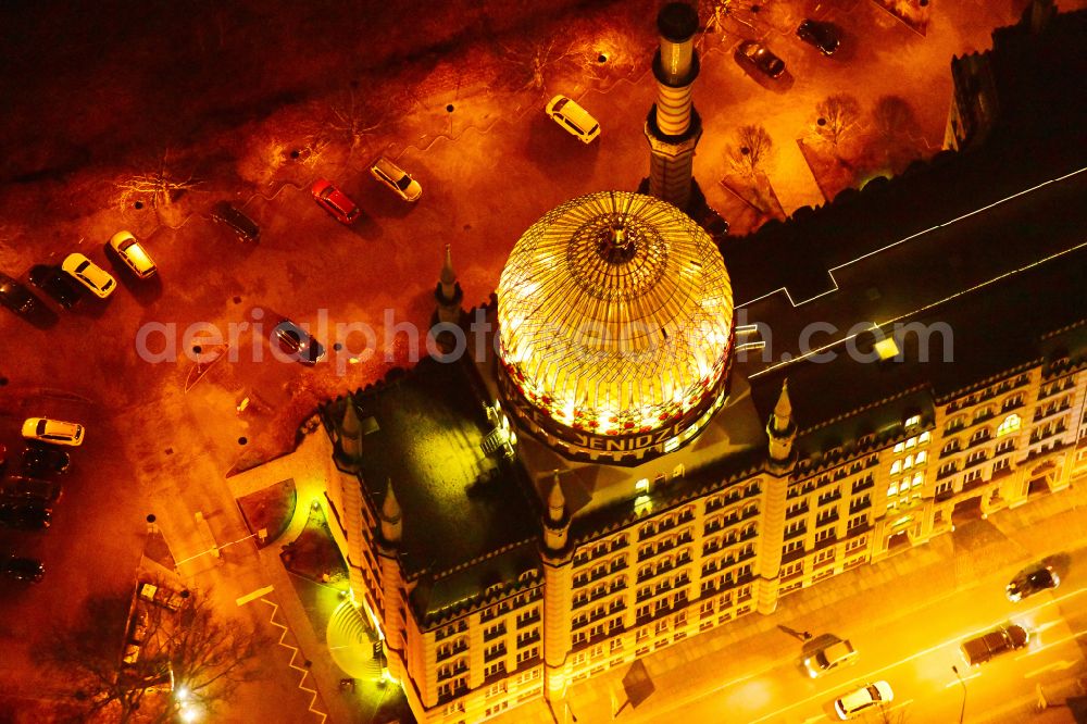 Dresden at night from above - Night lighting building of the mosque Yenidze on Weisseritzstrasse in Dresden in the state Saxony, Germany