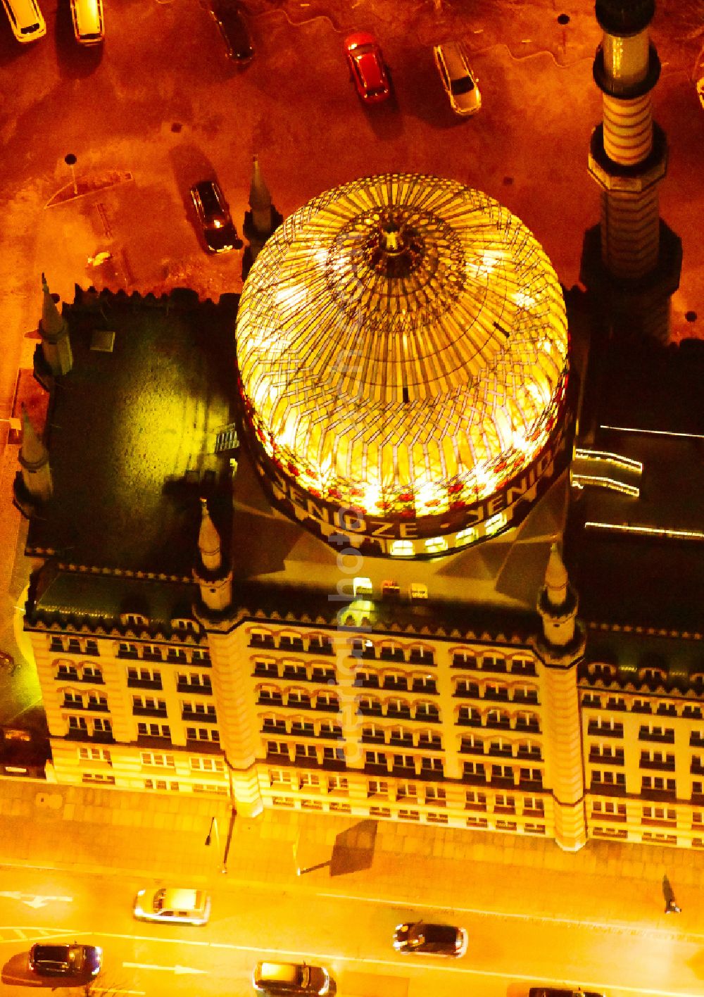 Dresden at night from the bird perspective: Night lighting building of the mosque Yenidze on Weisseritzstrasse in Dresden in the state Saxony, Germany