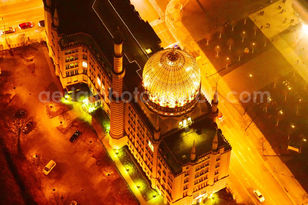 Aerial photograph at night Dresden - Night lighting building of the mosque Yenidze on Weisseritzstrasse in Dresden in the state Saxony, Germany