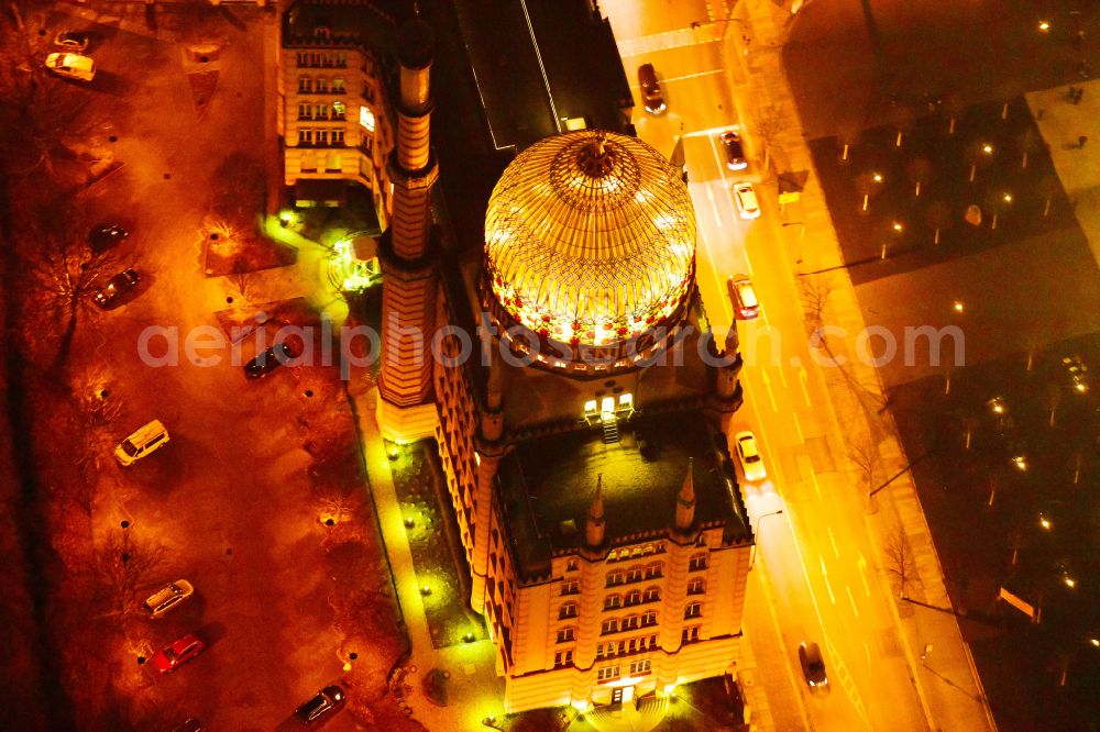 Aerial image at night Dresden - Night lighting building of the mosque Yenidze on Weisseritzstrasse in Dresden in the state Saxony, Germany