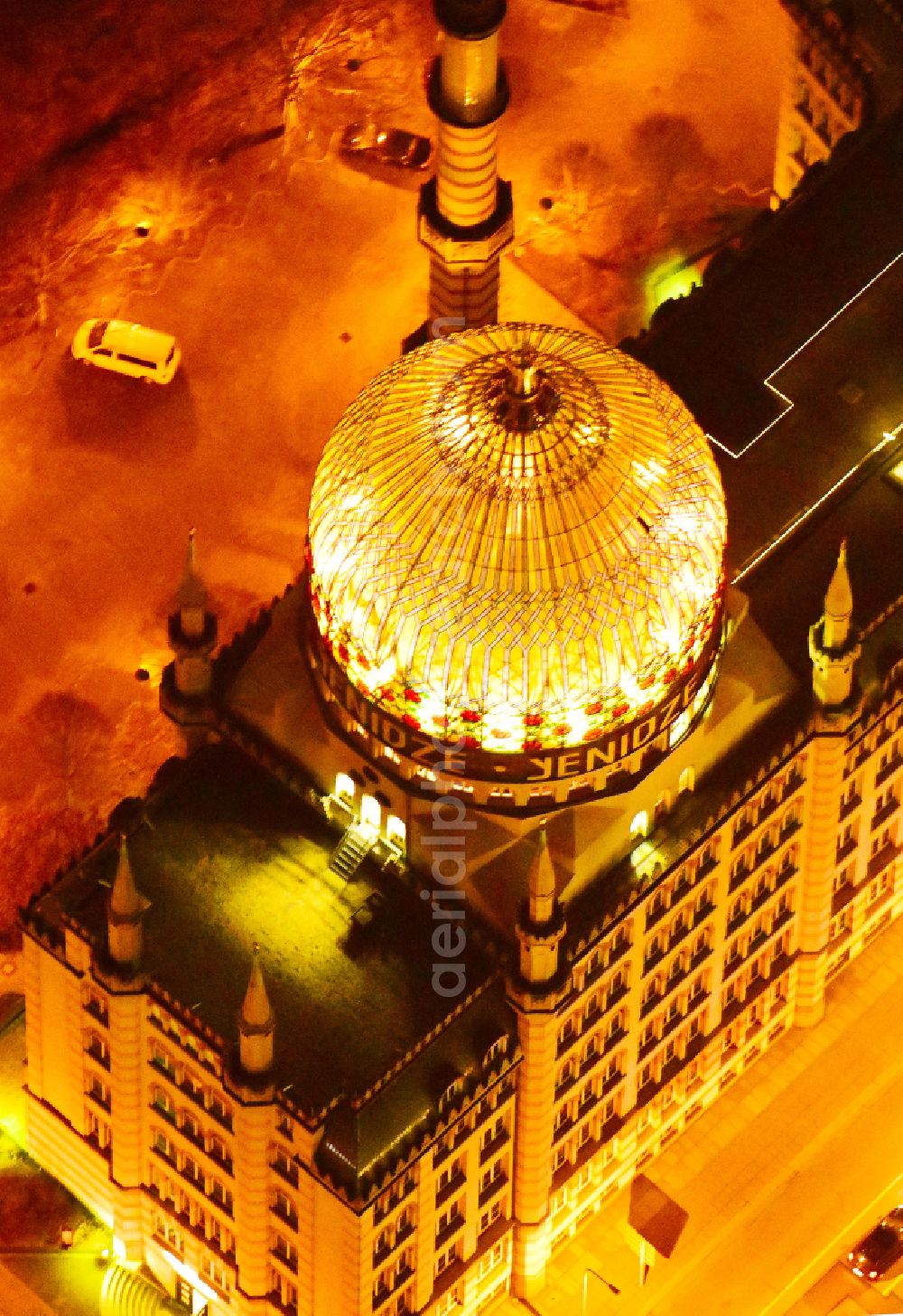 Dresden at night from above - Night lighting building of the mosque Yenidze on Weisseritzstrasse in Dresden in the state Saxony, Germany