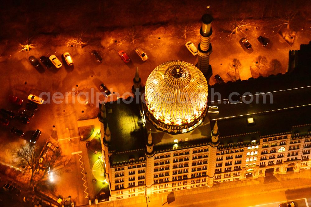 Dresden at night from the bird perspective: Night lighting building of the mosque Yenidze on Weisseritzstrasse in Dresden in the state Saxony, Germany