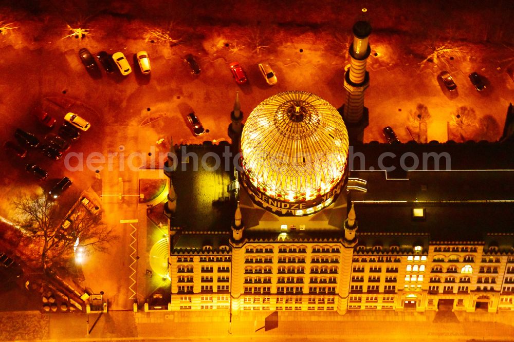 Aerial photograph at night Dresden - Night lighting building of the mosque Yenidze on Weisseritzstrasse in Dresden in the state Saxony, Germany