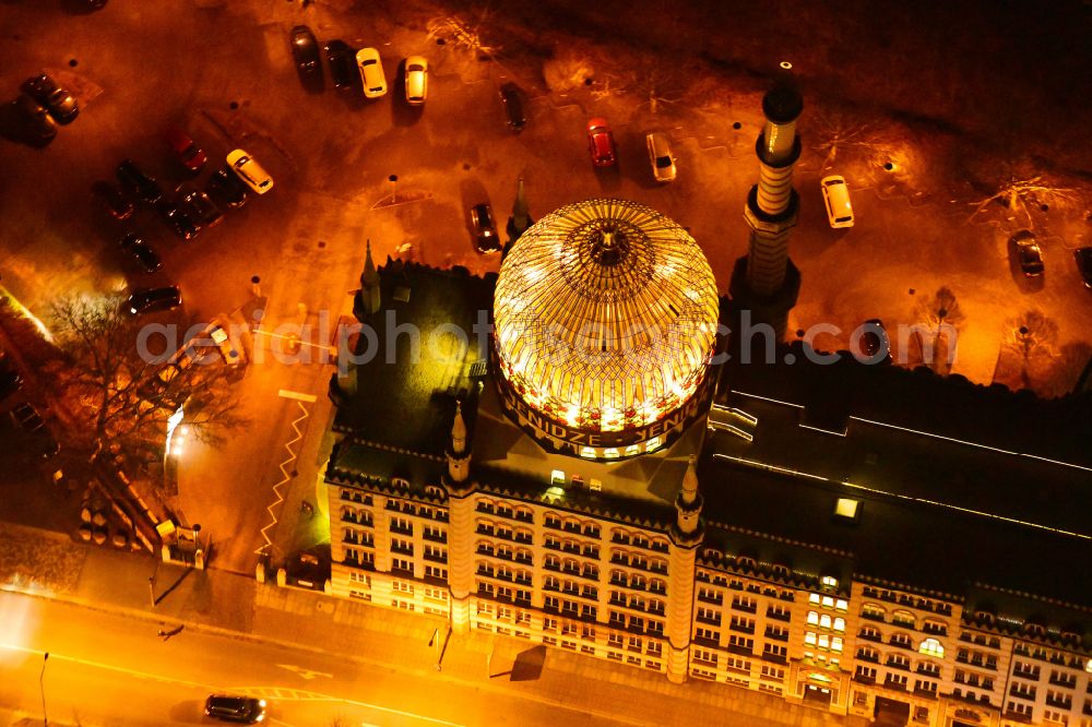 Aerial image at night Dresden - Night lighting building of the mosque Yenidze on Weisseritzstrasse in Dresden in the state Saxony, Germany