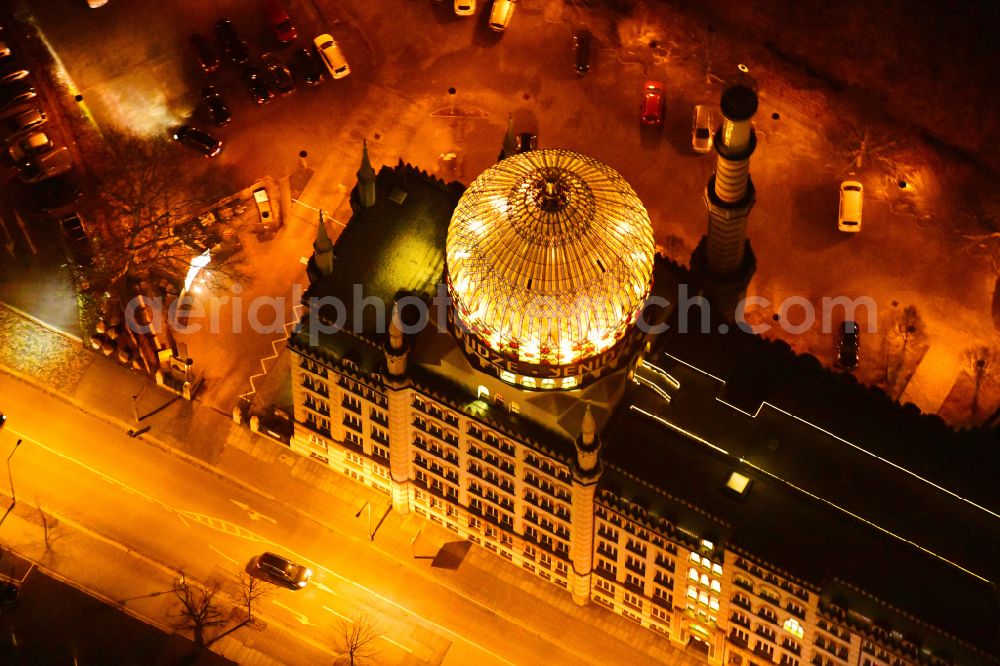 Dresden at night from above - Night lighting building of the mosque Yenidze on Weisseritzstrasse in Dresden in the state Saxony, Germany