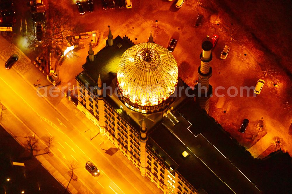 Dresden at night from the bird perspective: Night lighting building of the mosque Yenidze on Weisseritzstrasse in Dresden in the state Saxony, Germany