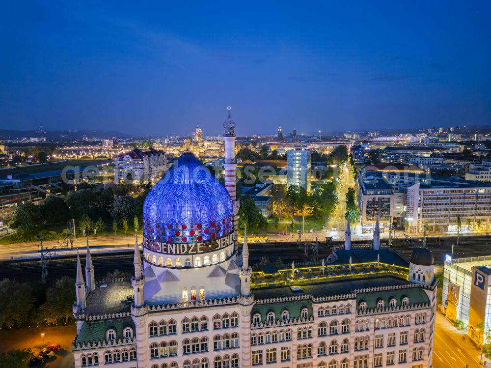 Aerial photograph at night Dresden - Night lighting building of the mosque Yenidze on Weisseritzstrasse in Dresden in the state Saxony, Germany