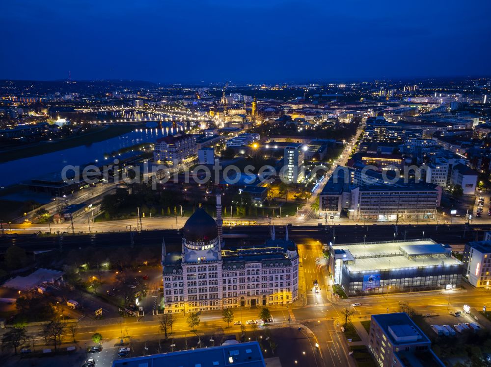 Dresden at night from above - Night lighting building of the mosque Yenidze on Weisseritzstrasse in Dresden in the state Saxony, Germany