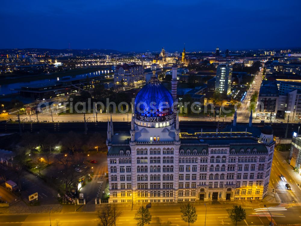 Dresden at night from the bird perspective: Night lighting building of the mosque Yenidze on Weisseritzstrasse in Dresden in the state Saxony, Germany