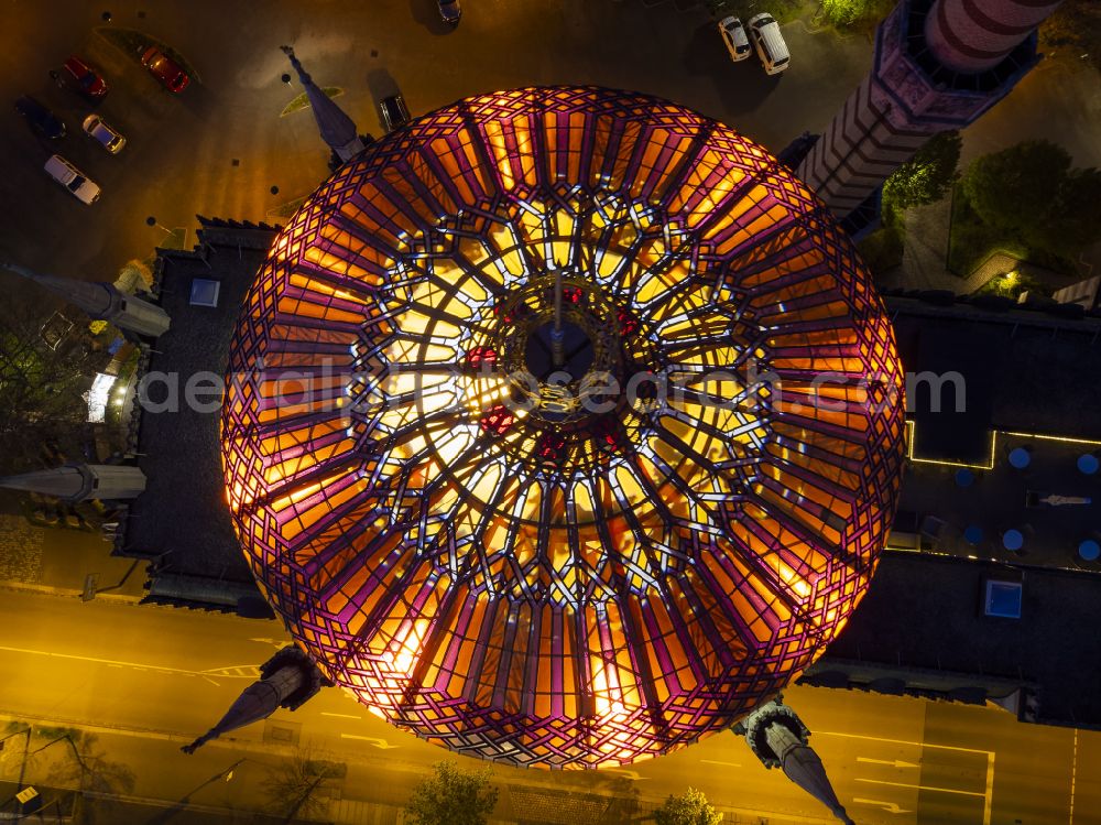 Aerial photograph at night Dresden - Night lighting building of the mosque Yenidze on Weisseritzstrasse in Dresden in the state Saxony, Germany