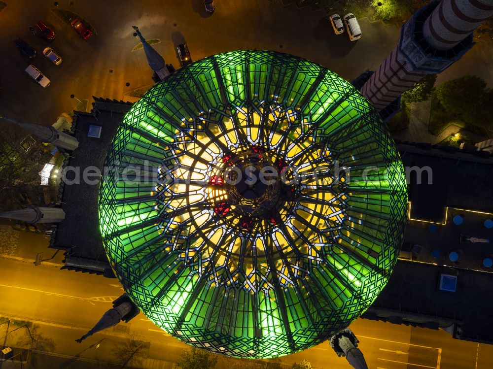 Aerial image at night Dresden - Night lighting building of the mosque Yenidze on Weisseritzstrasse in Dresden in the state Saxony, Germany