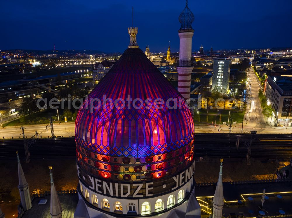 Dresden at night from above - Night lighting building of the mosque Yenidze on Weisseritzstrasse in Dresden in the state Saxony, Germany