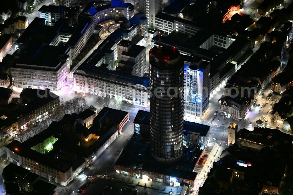 Aerial photograph at night Jena - Night lighting office and corporate management high-rise building Jentower on Leutragraben in Jena in the state Thuringia, Germany