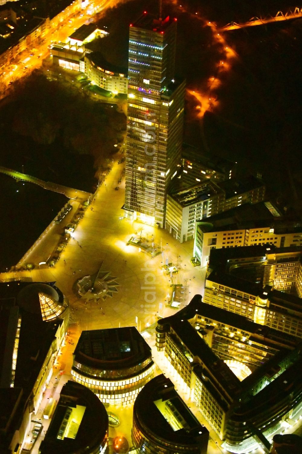 Aerial image at night Köln - Night lighting office and corporate management high-rise building of Koelnturms on Mediapark in the district Neustadt-Nord in Cologne in the state North Rhine-Westphalia, Germany