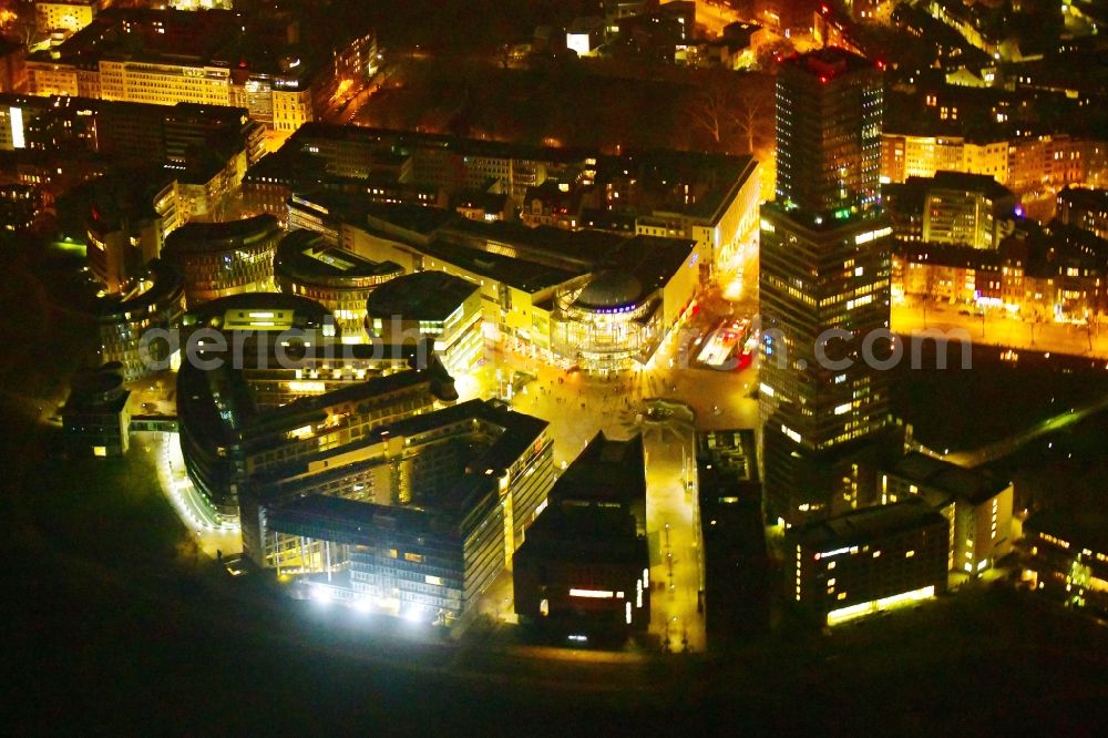 Köln at night from above - Night lighting office and corporate management high-rise building of Koelnturms on Mediapark in the district Neustadt-Nord in Cologne in the state North Rhine-Westphalia, Germany