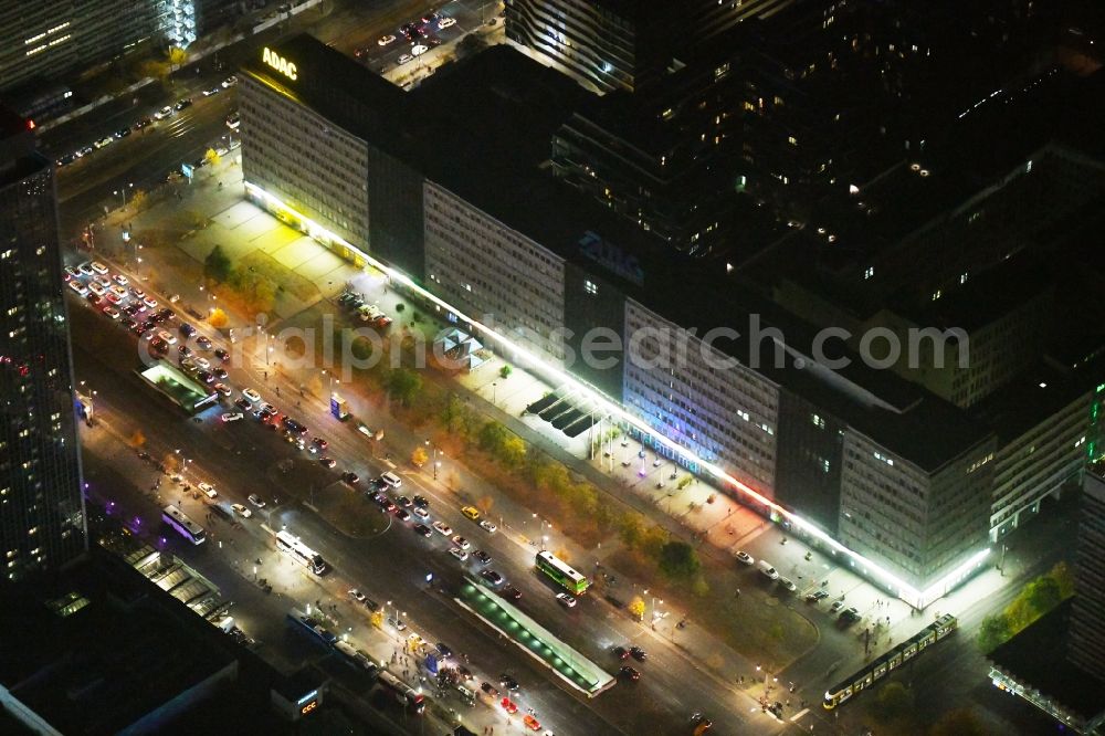 Berlin at night from the bird perspective: Night lighting Office building on Alexanderstrasse in the district Mitte in Berlin, Germany