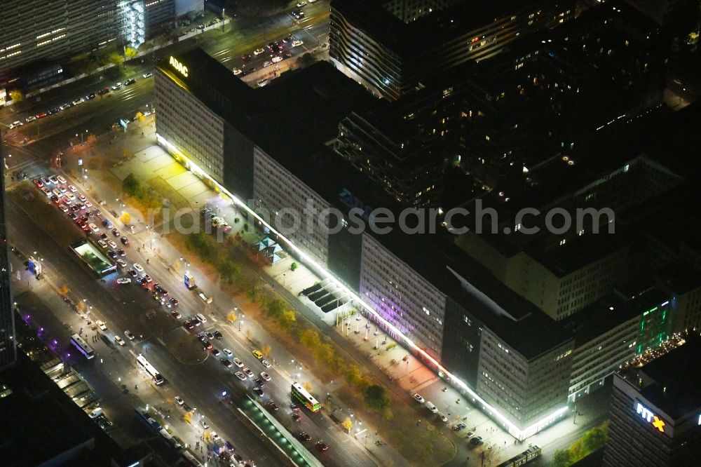 Aerial photograph at night Berlin - Night lighting Office building on Alexanderstrasse in the district Mitte in Berlin, Germany