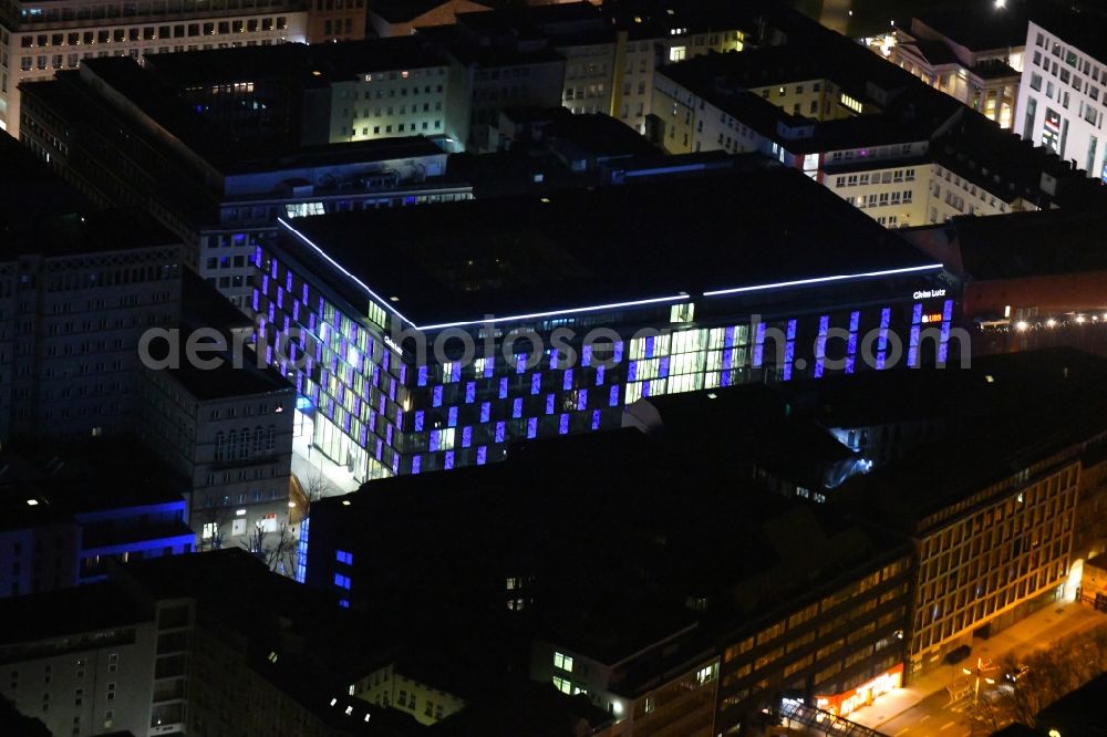 Aerial image at night Stuttgart - Night lighting office building Buelow-Carre on Lautenschlagerstrasse in the district Stuttgart-Mitte in Stuttgart in the state Baden-Wurttemberg, Germany