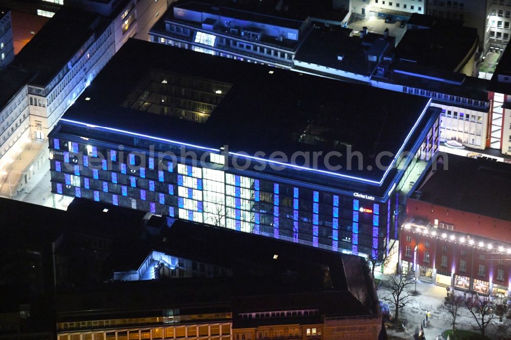 Stuttgart at night from above - Night lighting office building Buelow-Carre on Lautenschlagerstrasse in the district Stuttgart-Mitte in Stuttgart in the state Baden-Wurttemberg, Germany