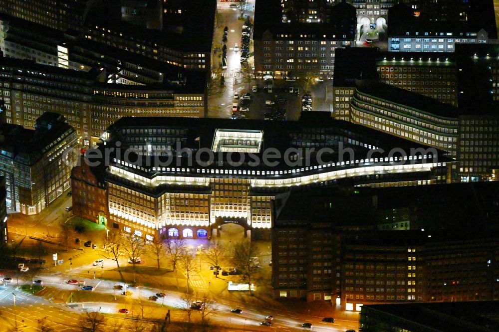 Hamburg at night from above - Night lighting office building Chilehaus Hamburg on Fischertwiete in Hamburg, Germany