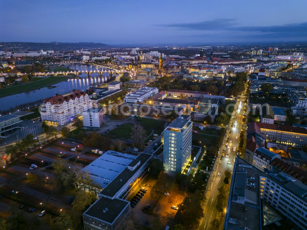 Dresden at night from above - Night lighting office building DDV Lokal - Haus of Presse on street Ostra-Allee in the district Wilsdruffer Vorstadt in Dresden in the state Saxony, Germany