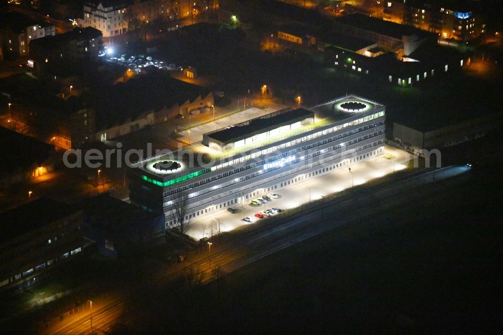 Aerial photograph at night Gera - Night lighting Office building ElsterCube on Vogtlandstrasse in Gera in the state Thuringia, Germany