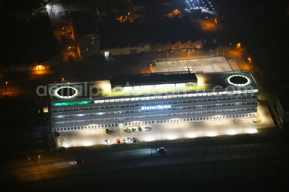 Gera at night from above - Night lighting Office building ElsterCube on Vogtlandstrasse in Gera in the state Thuringia, Germany