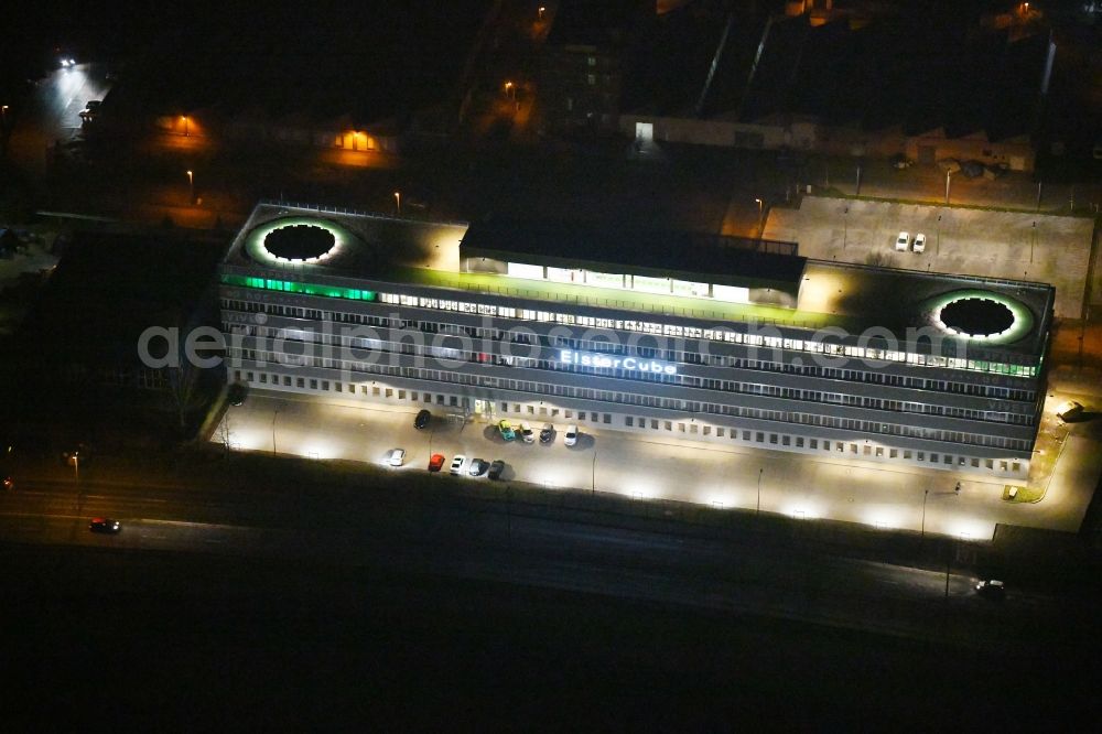 Aerial photograph at night Gera - Night lighting Office building ElsterCube on Vogtlandstrasse in Gera in the state Thuringia, Germany