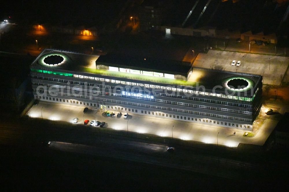 Aerial image at night Gera - Night lighting Office building ElsterCube on Vogtlandstrasse in Gera in the state Thuringia, Germany