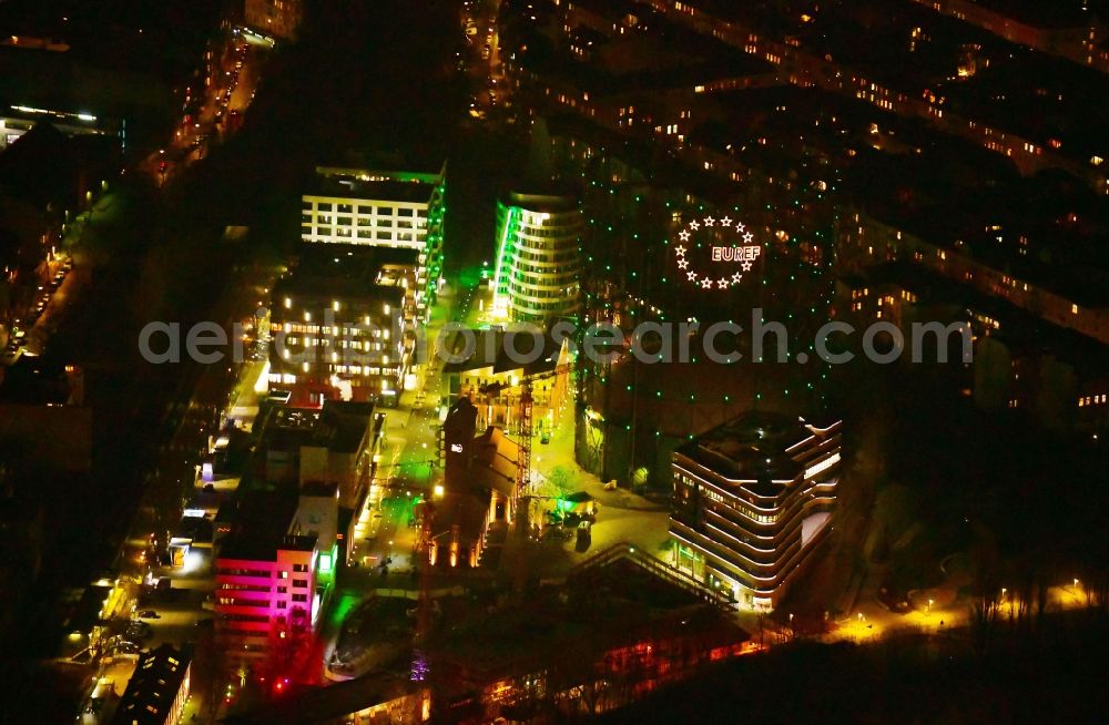 Aerial photograph at night Berlin - Night lighting office building on EUREF-Conpus on Torgauer Strasse in the district Schoeneberg in Berlin, Germany