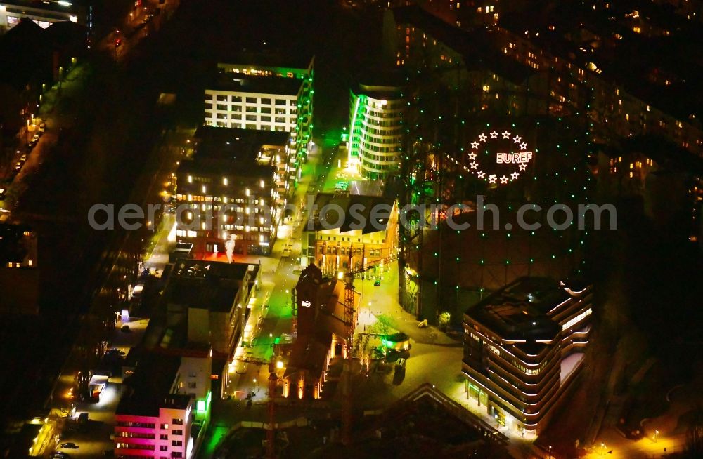 Berlin at night from the bird perspective: Night lighting office building on EUREF-Conpus on Torgauer Strasse in the district Schoeneberg in Berlin, Germany