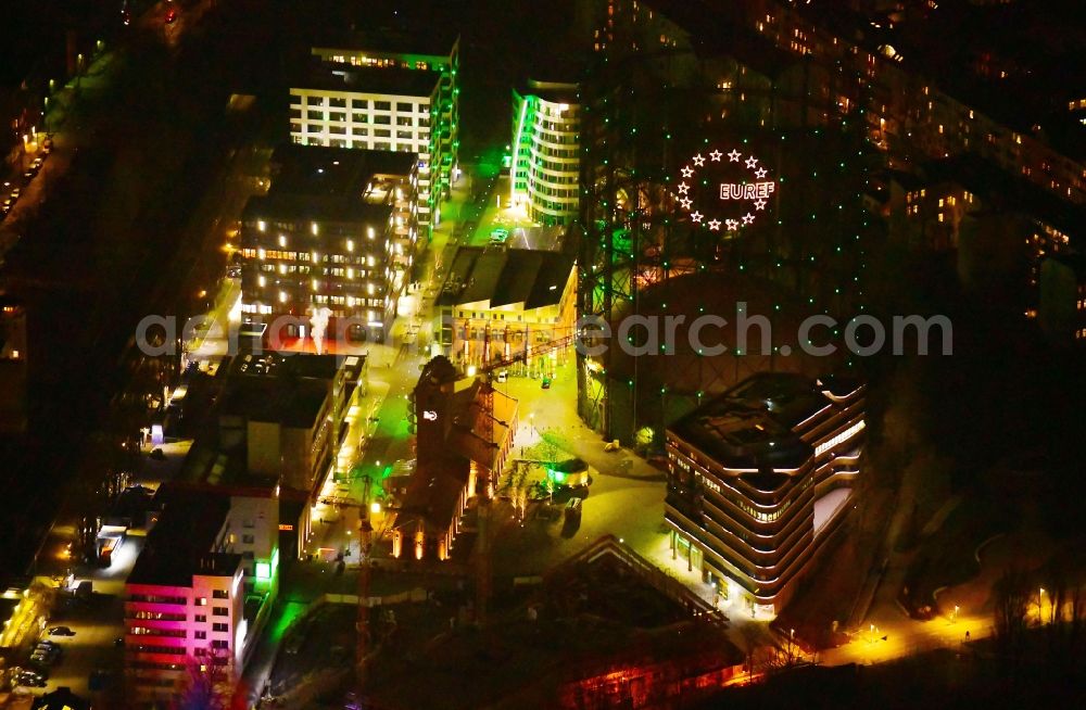 Aerial photograph at night Berlin - Night lighting office building on EUREF-Conpus on Torgauer Strasse in the district Schoeneberg in Berlin, Germany