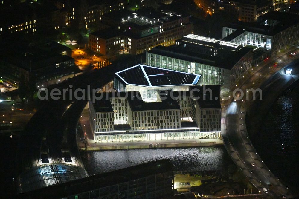 Aerial photograph at night Berlin - Night lighting Office building HumboldtHafenEins on Alexanderufer in the district Mitte in Berlin, Germany