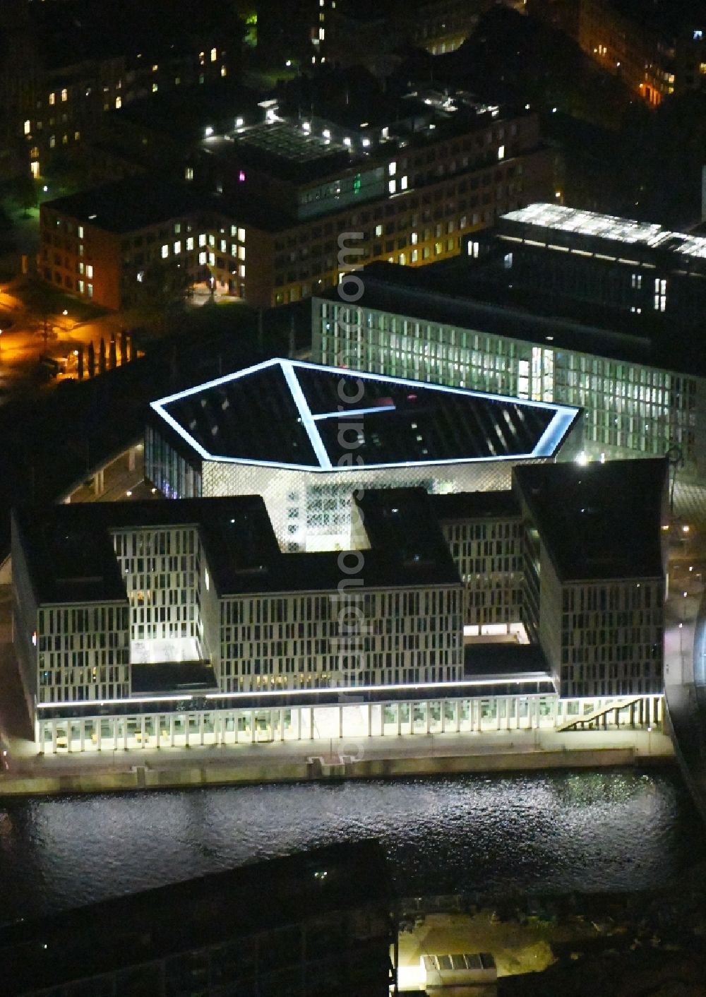 Berlin at night from above - Night lighting Office building HumboldtHafenEins on Alexanderufer in the district Mitte in Berlin, Germany