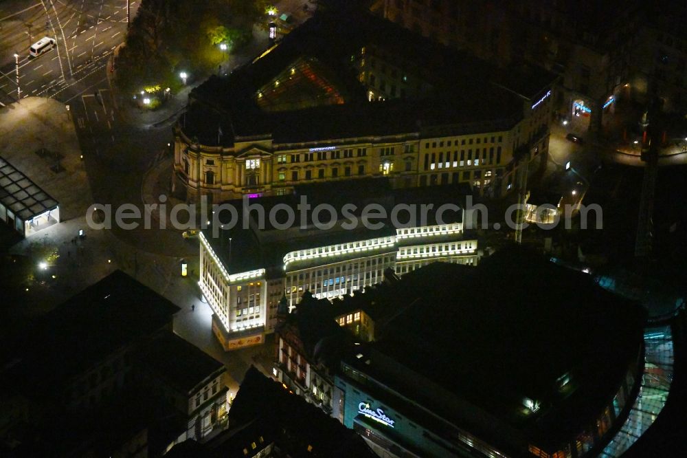 Aerial photograph at night Leipzig - Night lighting Office building Petersstrasse in Leipzig in the state Saxony, Germany