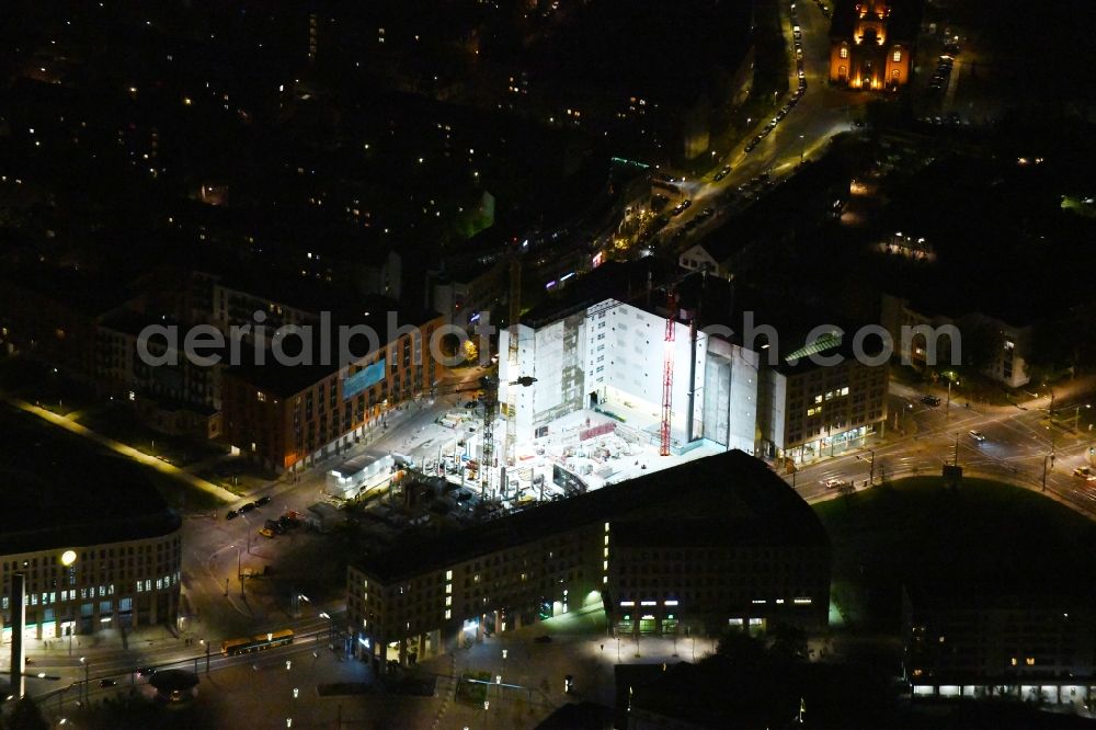 Dresden at night from the bird perspective: Night lighting office building VauVau on Annenstrasse in Dresden in the state Saxony, Germany