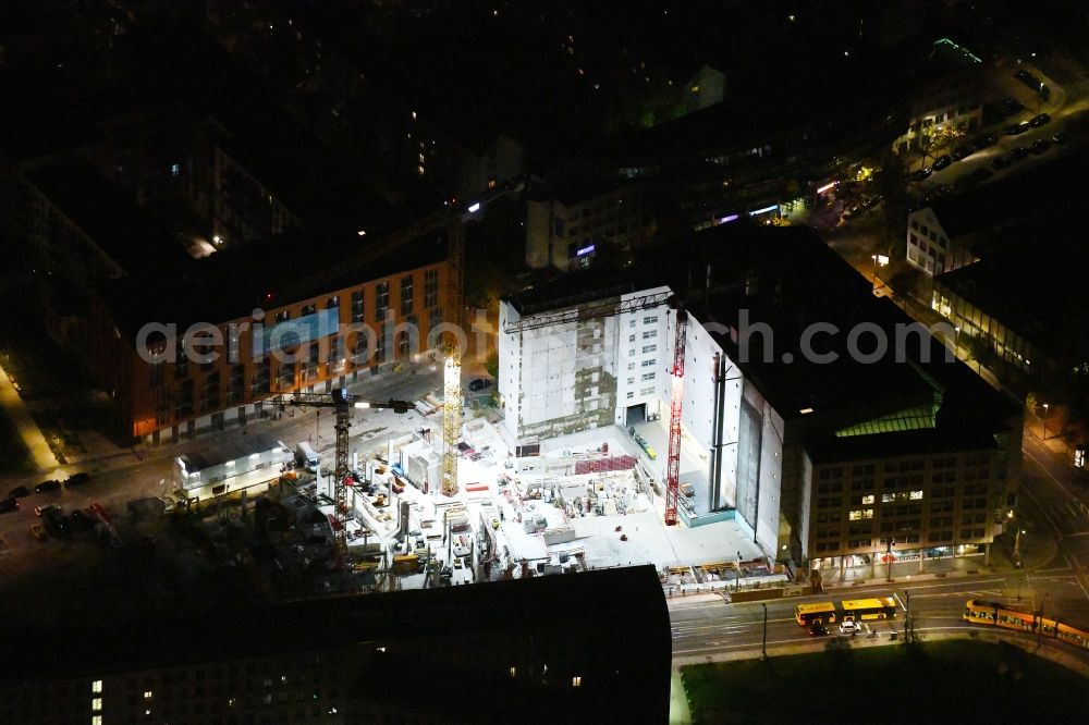 Dresden at night from the bird perspective: Night lighting office building VauVau on Annenstrasse in Dresden in the state Saxony, Germany